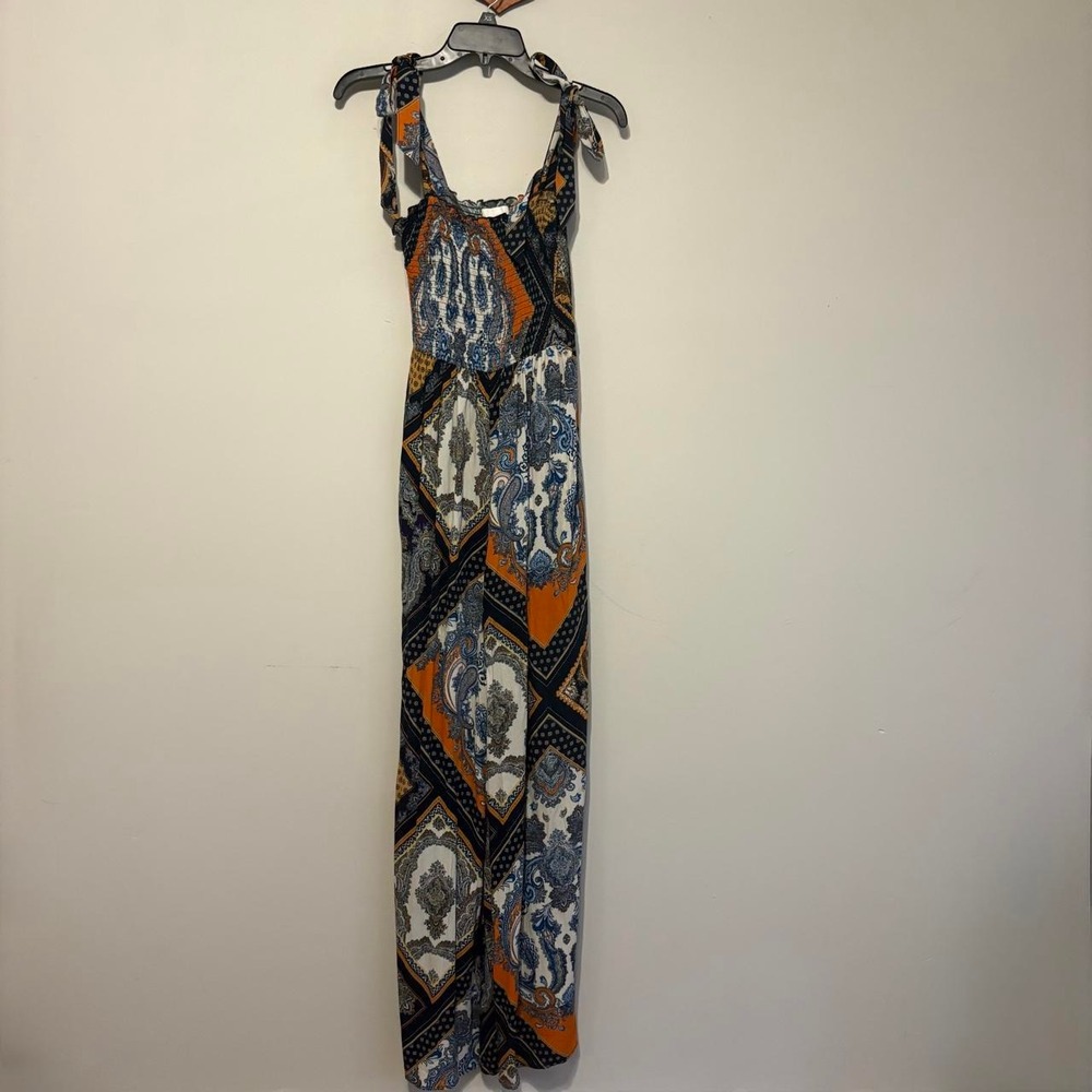 H&M orange and blue geometric and floral print maxi jumpsuit with tie straps,